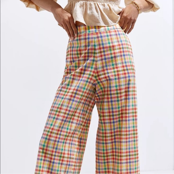 Eva Franco Anthropologie Linen Wide Leg Pants Rainbow Gingham Check Trousers - Picture 4 of 11